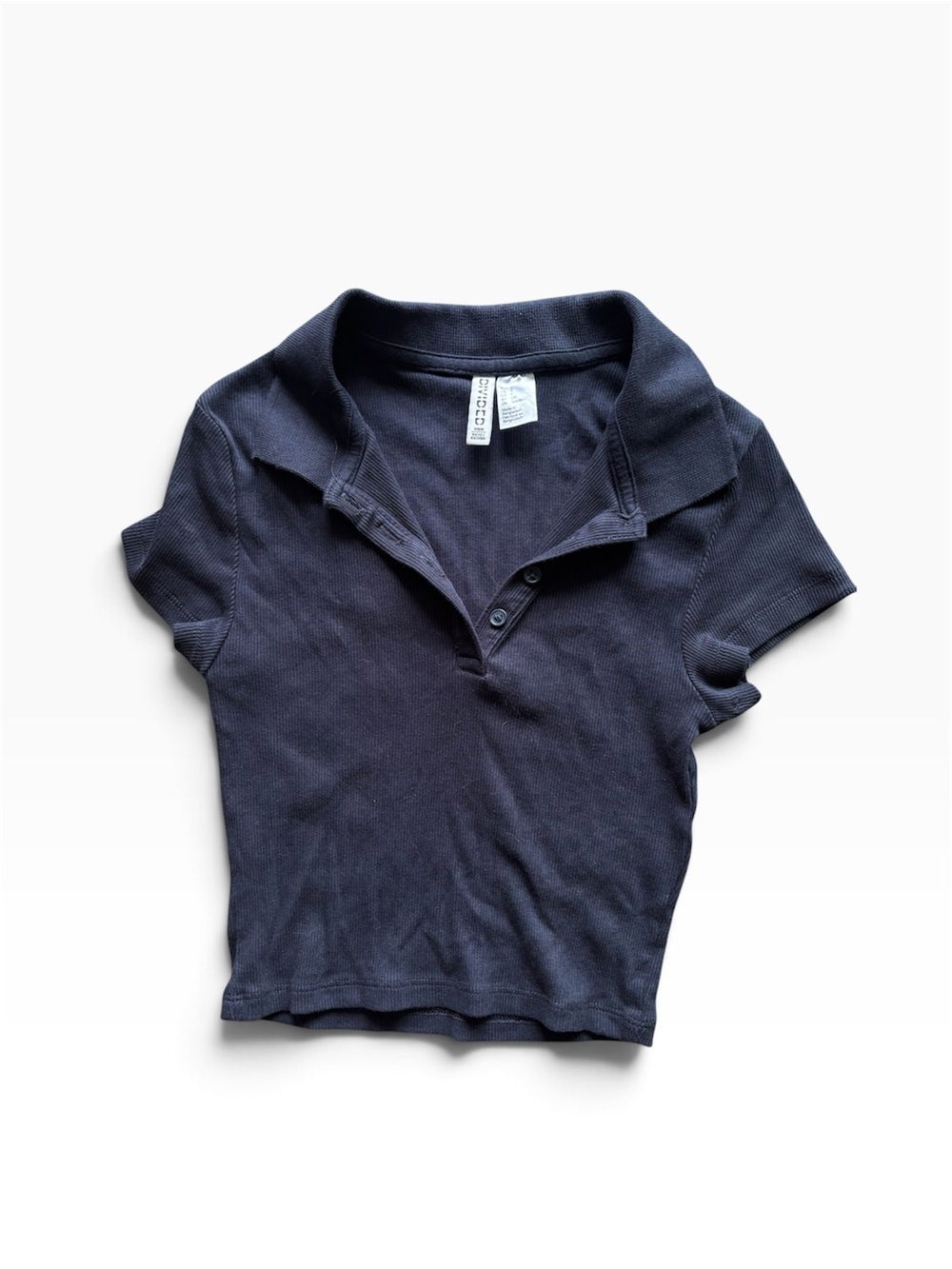 Navy Cropped Collared Button Henley Shirt Women’s Sz S School Dollcore Fall